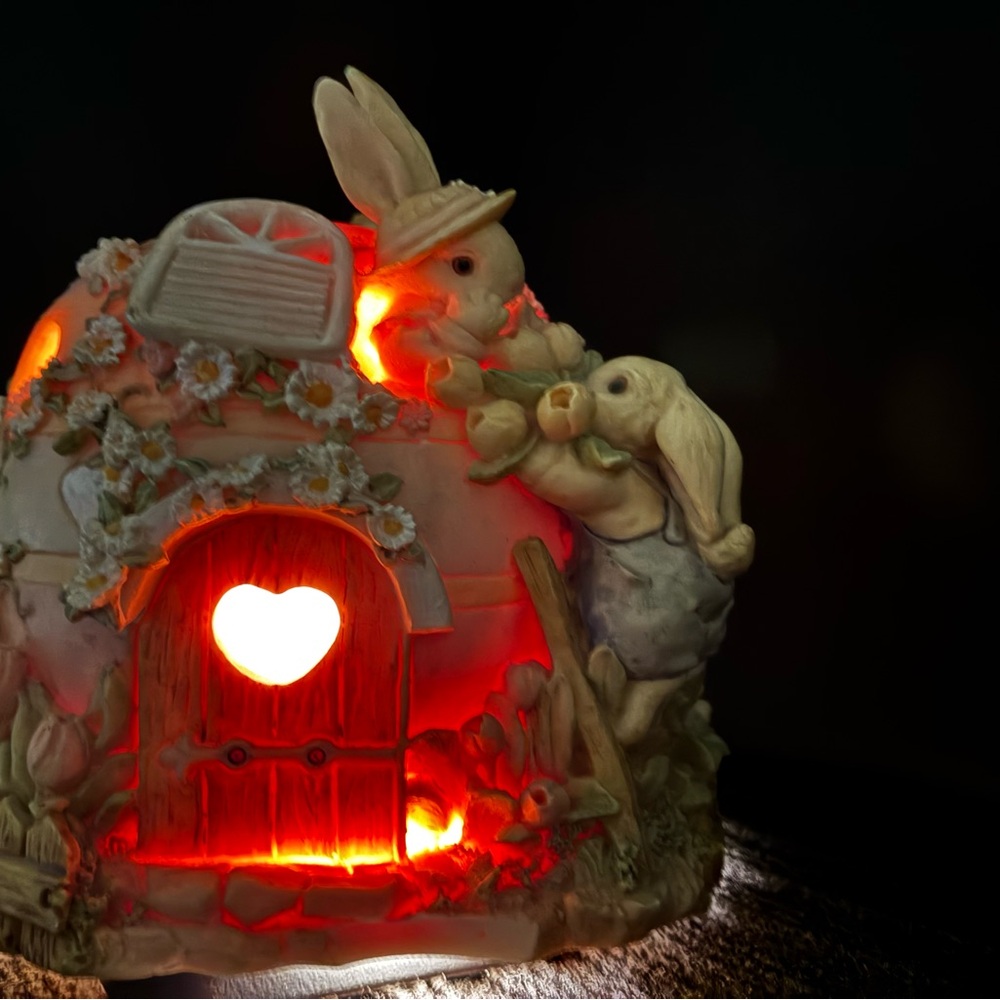 Bunny Light Up Rabbit House Figurine Display + Floral Fence Accent Vintage